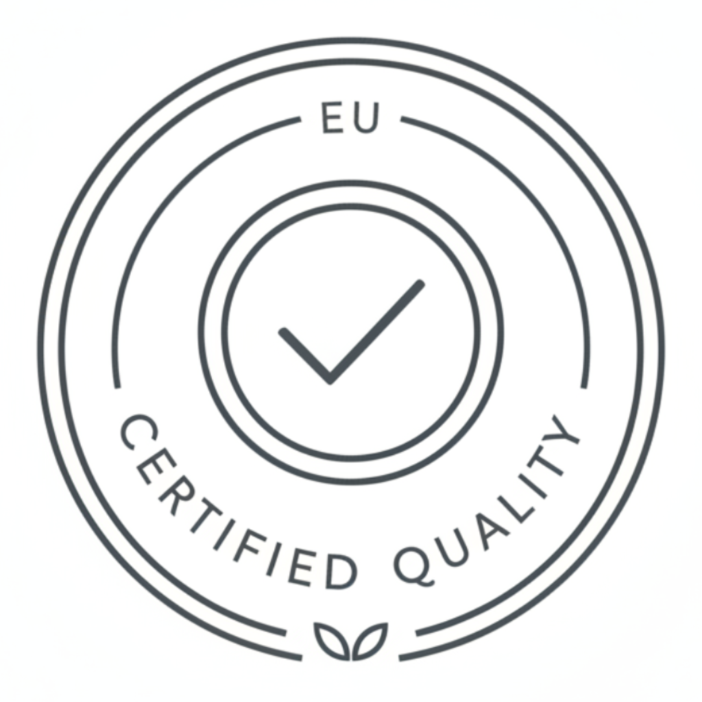 Icon of a circular quality badge with a small check mark, minimal line art, representing EU-certified quality